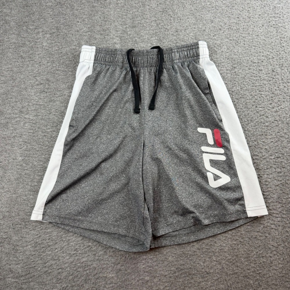 Fila Athletic Shorts Boys Size M 10/12 Gray White Logo Mesh Panel Drawstring‎